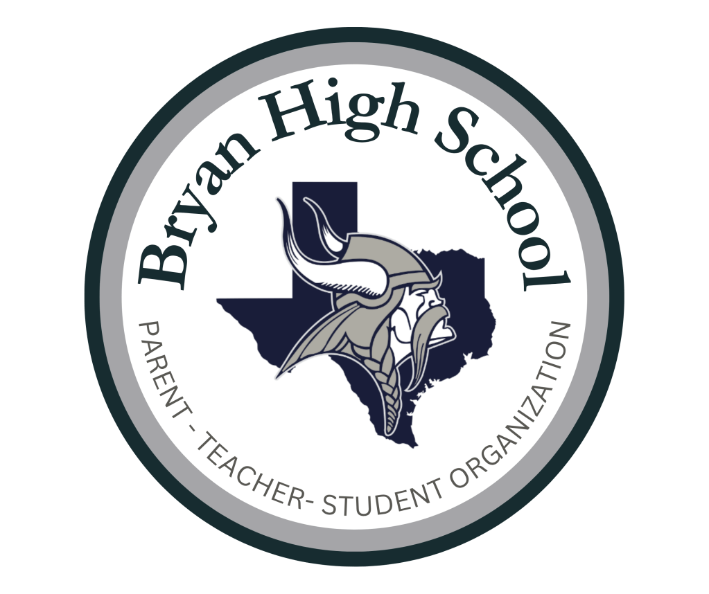 Logo of Bryan High School featuring a Viking mascot and the state of Texas outline, with the text 'Bryan High School' and 'Parent - Teacher - Student Organization'.